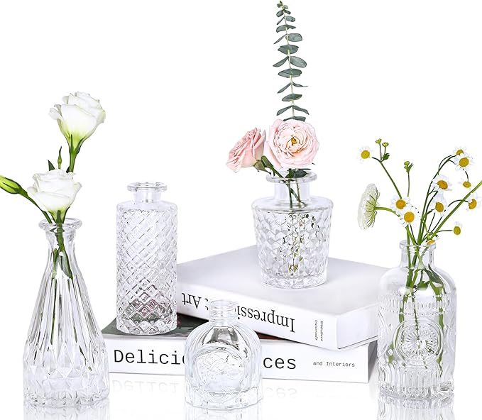 Clear Glass Bud Vases Set of 5, Mini Flower Vase by UPBUD