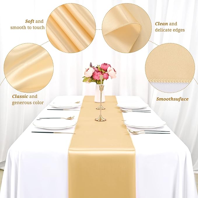 12 Pack Champagne Gold Satin Table Runner, 12 x 108 inch Long Premium Smooth - Image 4