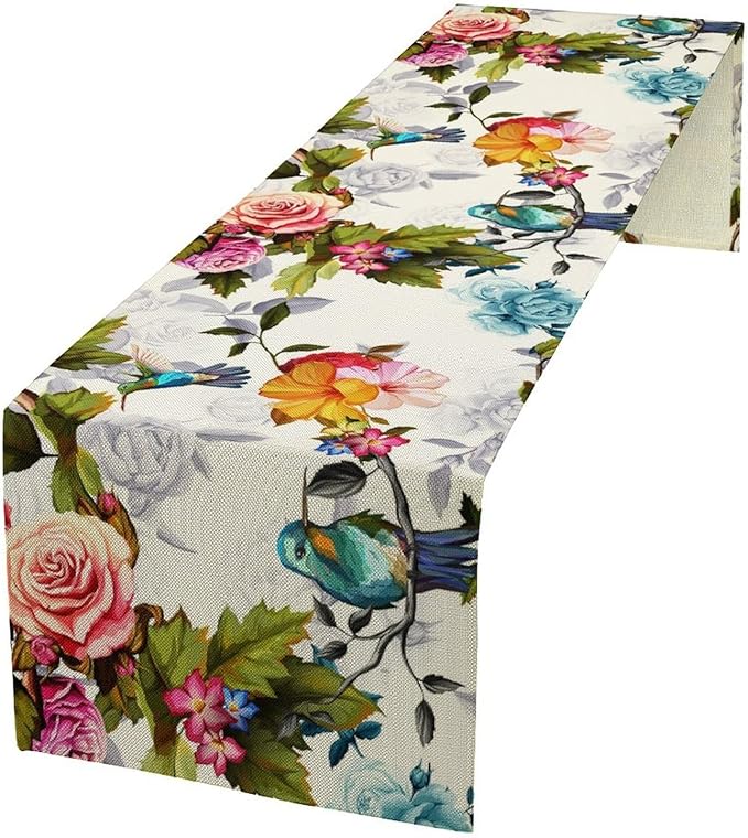Hummingbird Table Runner, Vintage Floral Country Style Table Cloth Home Kitchen by Unknown