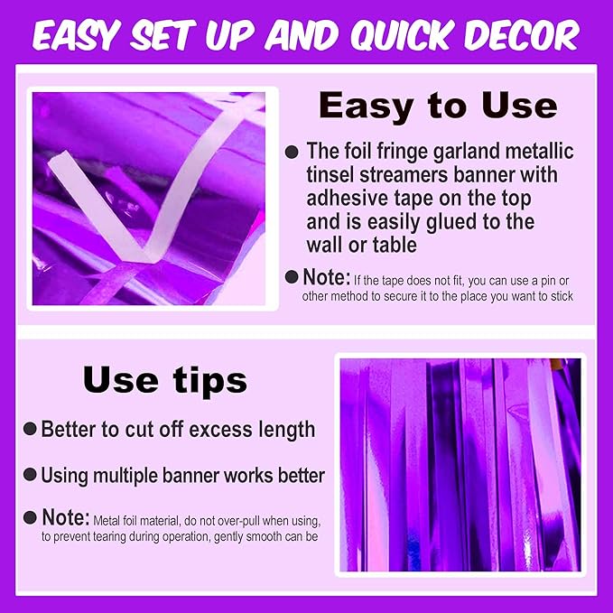 6 Pack 10 Ft Purple Foil Fringe Garland Metallic Streamers Tinsel Banner Wall - Image 3
