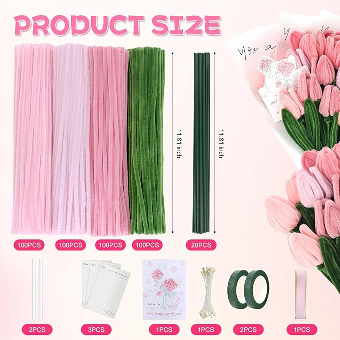 400 Pcs Soft Craft Pipe Cleaners Flowers, 4 Colors Chenille Stems Bulk - Image 3
