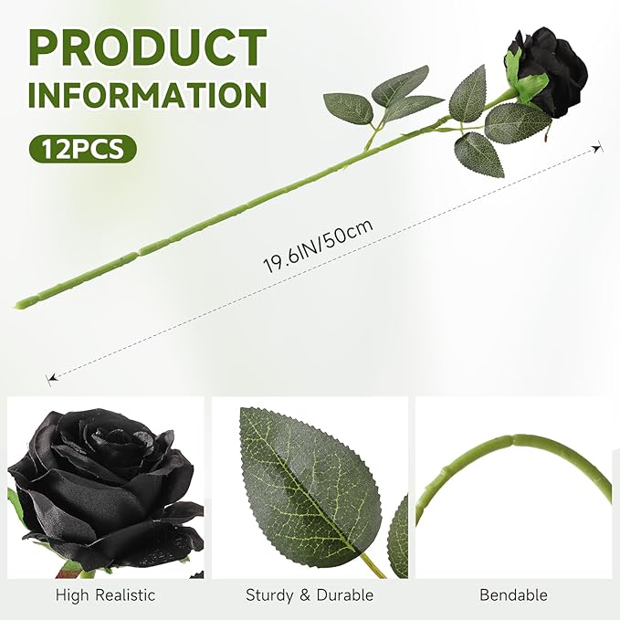 Tifuly Black Roses Artificial Flowers -12 pcs Realistic Single Long Stem Fake - Image 2