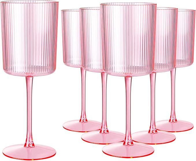 Ciaell 12 PCS Pink Plastic Ribbed Wine Glasses - 10 OZ Plastic Square Wine by Ciaell
