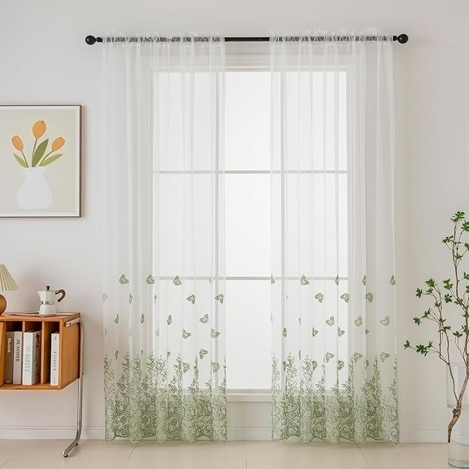 VISIONTEX White Sheer Voile Curtains, Decorative Green Embossed Butterflies Rod - Image 2