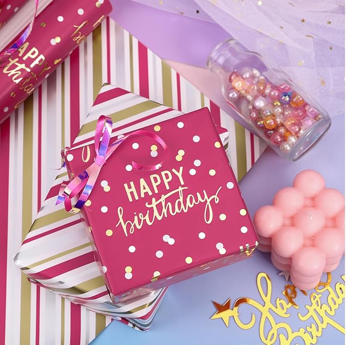 LeZakaa Reversible Pink Birthday Wrapping Paper Roll - Image 5