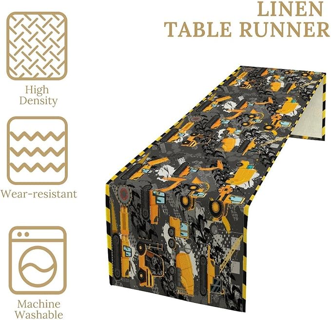 Cartoon Car Table Runner, Boy Kids Construction Yellow Tractor Excavator - Image 2