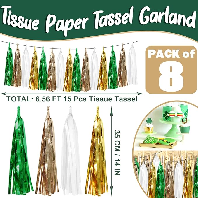 8P Sage-Green Beige-Mint Gold Foil Fringe Metallic Tassel Garland Banner - Image 2