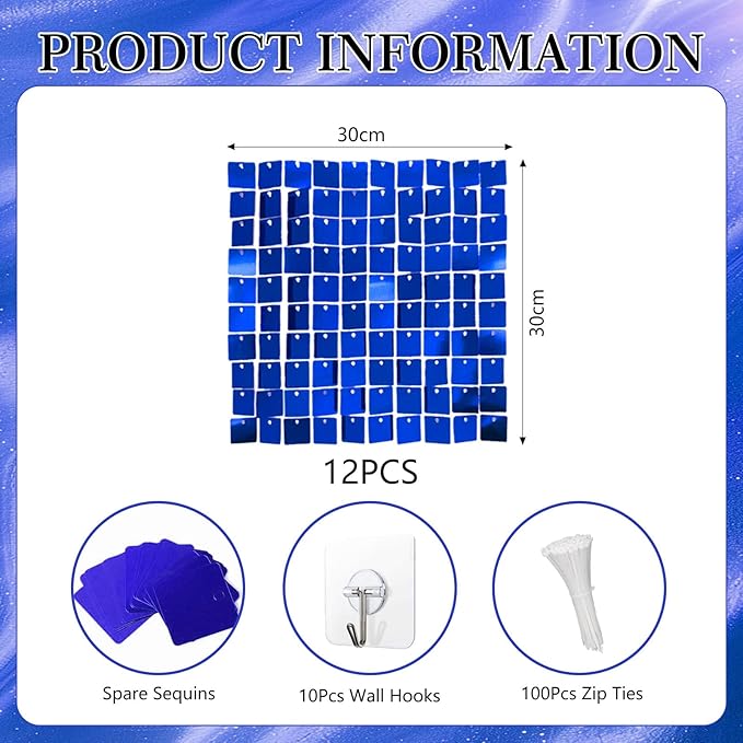12PCS Blue Shimmer Wall Backdrop, Square Sequin Photo Backdrops Panel, Glitter - Image 2