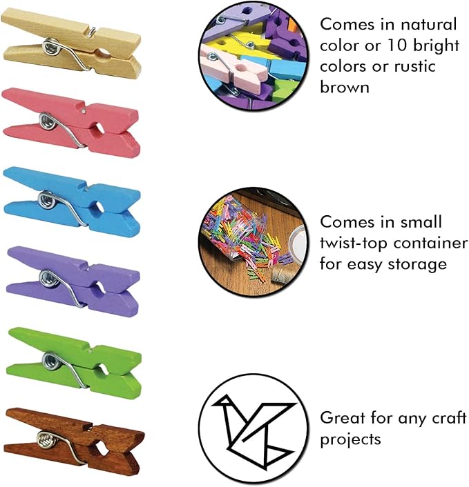 Mini Wooden Clothespins With Jute Twine, 1 Inch Photo Paper Peg Pin Craft Clips - Image 2