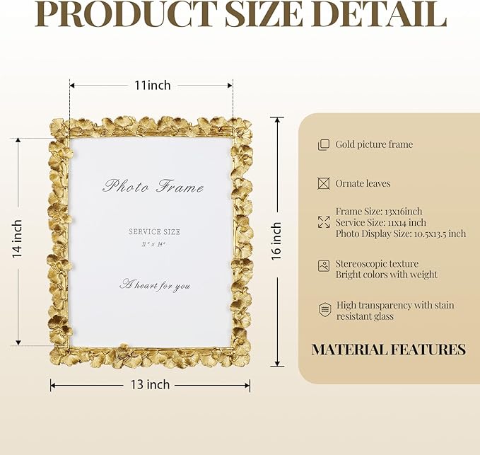 Cuspin 11x14 Picture Frame Vintage Gold Frames, Ornate Leaf Textured - Image 5