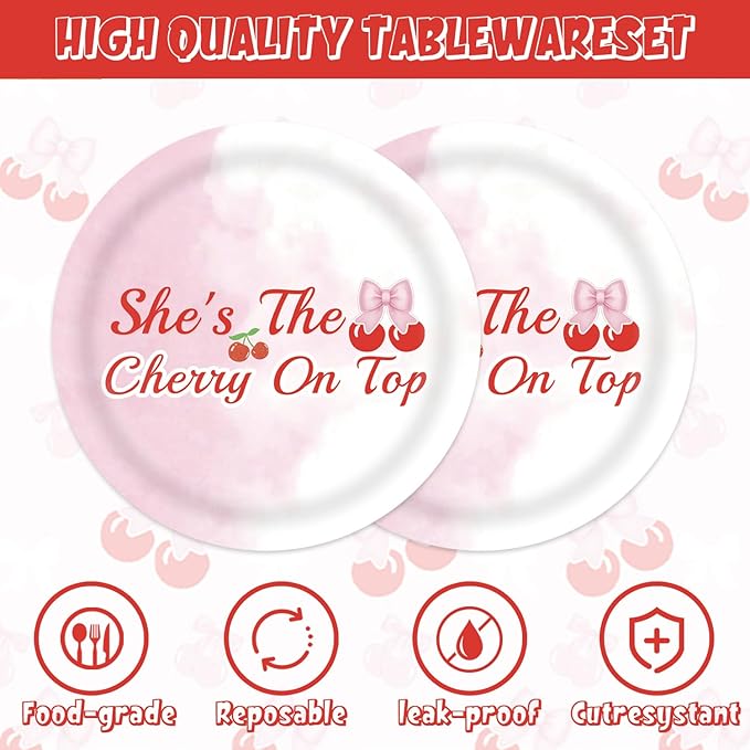 40pcs Cherry Birthday Decorations Bow Cherry Themed Plates and Napkins - Image 3