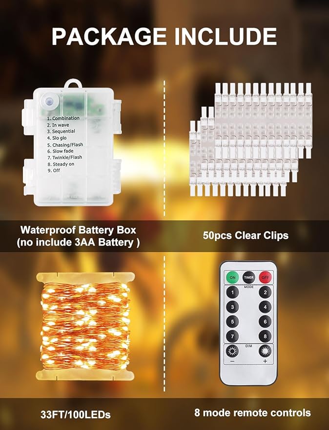 Photo Clip String Lights with Remote, 33FT 100 LED Battery Operated String - Image 2