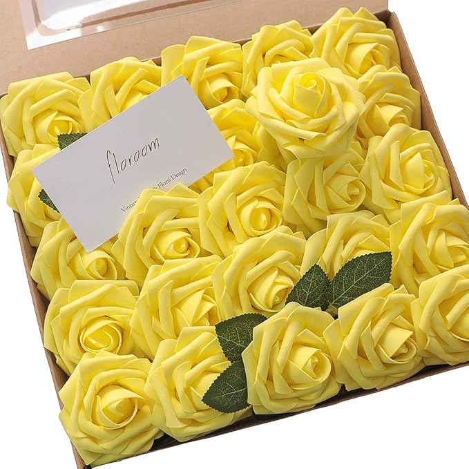 Floroom Artificial Flowers 25pcs Real Looking Canary Yellow Foam Fake Roses by Floroom