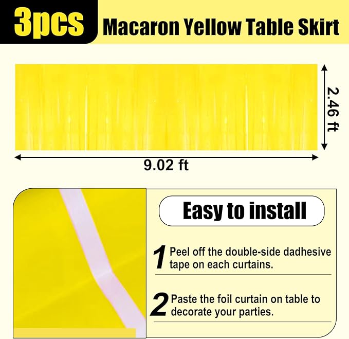 3 Pack 29x108 Inch Macaron Yellow Foil Fringe Table Skirts Metallic Banner - Image 2