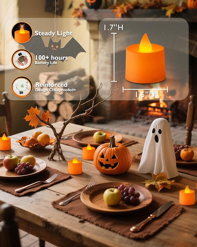 Amagic 24 Pack Halloween Orange LED Tea Lights, Flameless Votive Candles - Image 2