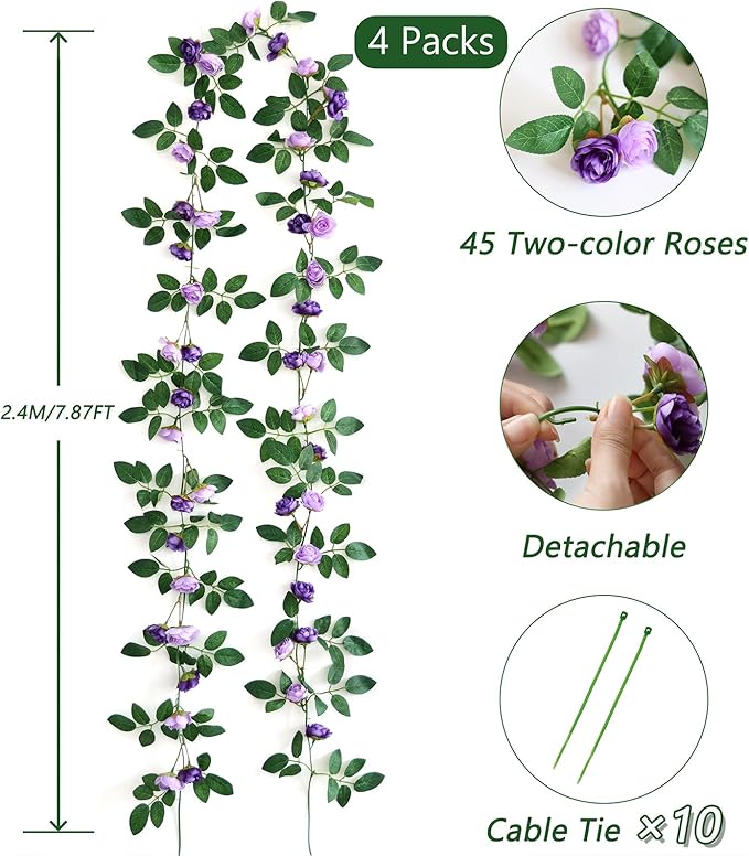 4 Packs Artificial Rose Garland: 31.48Ft Each Fake Flower Vine - Image 2