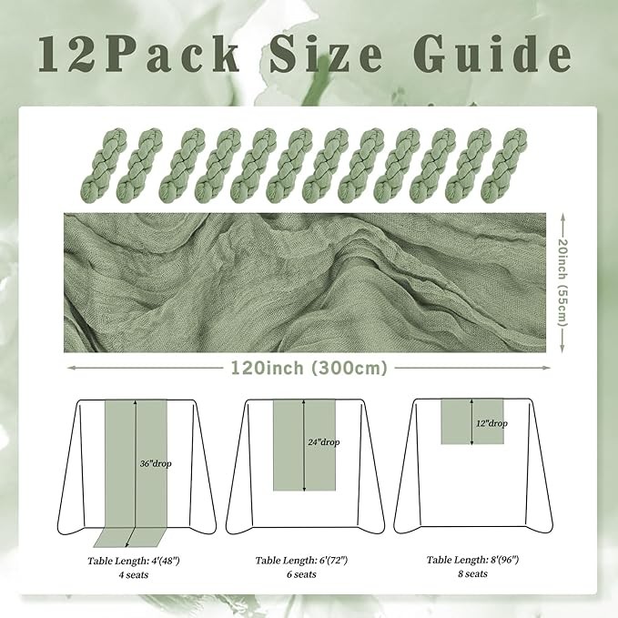 12 Pack Sage Green Cheesecloth Table Runner 10FT Rustic Gauze Fabric Cheese - Image 2