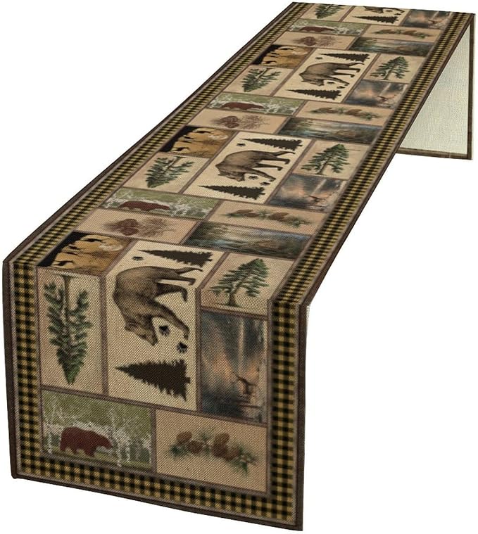Country Lodge Bear Table Runner, Retro Vintage Bear Cottage Country Style Cabin by ShiTingYu