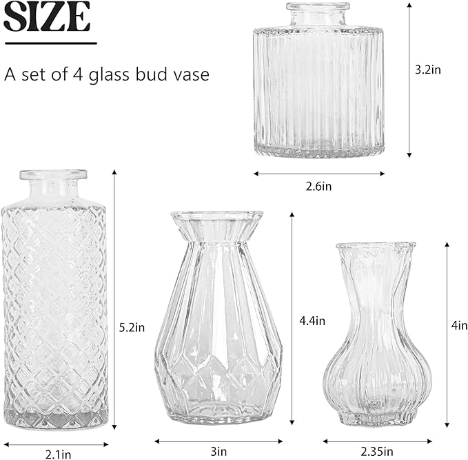 Set of 4 Glass Bud Vase Set, Small Vintage Clear Flower Vase Centerpieces - Image 2