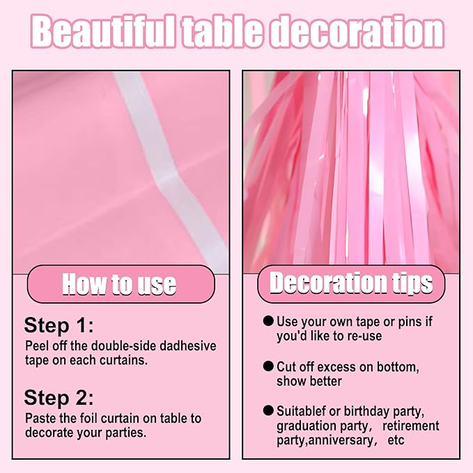 3 Pack 29 x108 Inch Macaron Pink Foil Fringe Table Skirts Metallic Banner - Image 3