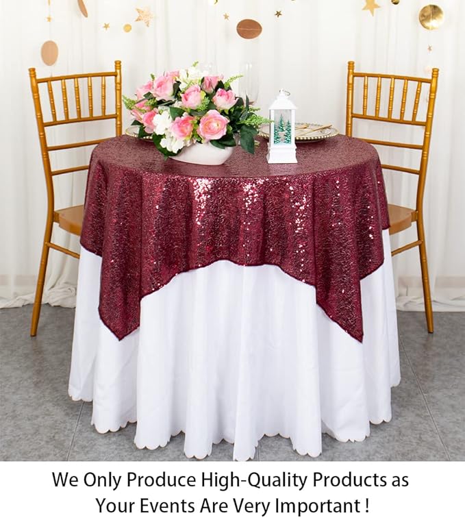 ShinyBeauty Sequin Tablecloth Burgundy Sequin Table Overlay Glitter Table Cover - Image 2