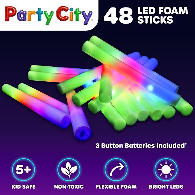 Party City 48pk LED Foam Glow Sticks 14”- Glow in the Dark Party Supplies Favors - Image 6