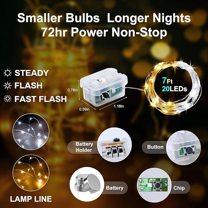 Aogist 50 Pack Fairy Lights 3 Modes 7ft 20 LED Waterproof, Cool White&Warm White - Image 2
