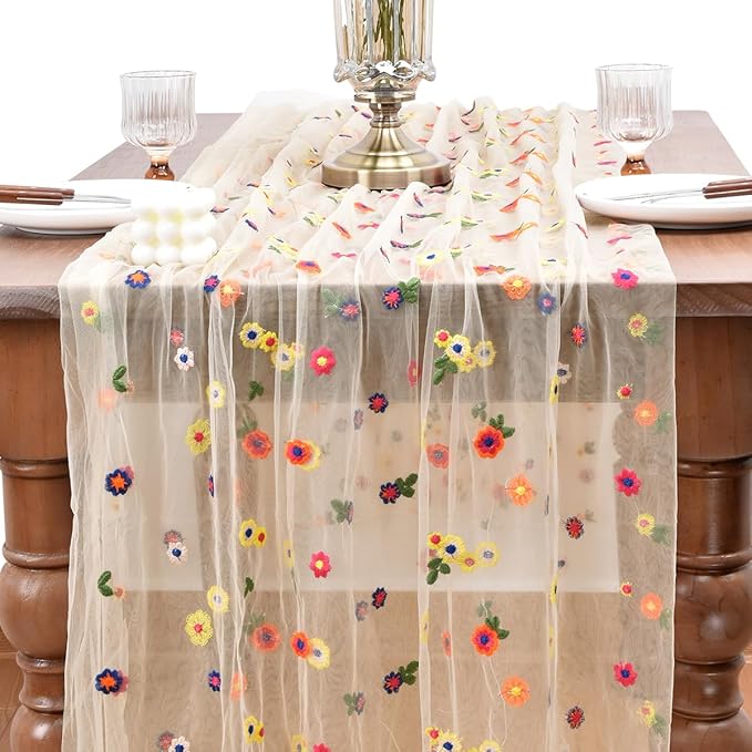 Joanlody Champagne Embroidery Daisy Fall Thanksgiving Table Runner 10ft Florals - Image 2