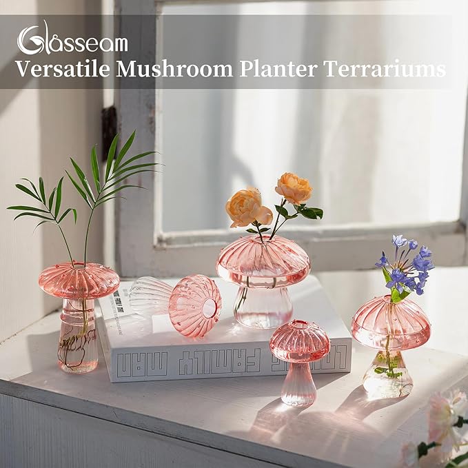 Glasseam Mushroom Plant Propagation Stations: Pink Glass Terrarium Jar Set of 5 - Image 3