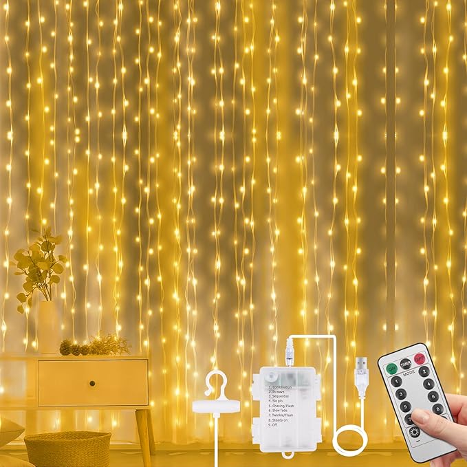 Vicloon Fairy Curtain Lights, 300 LED Warm White Curtain Lights, 8 Modes by Vicloon