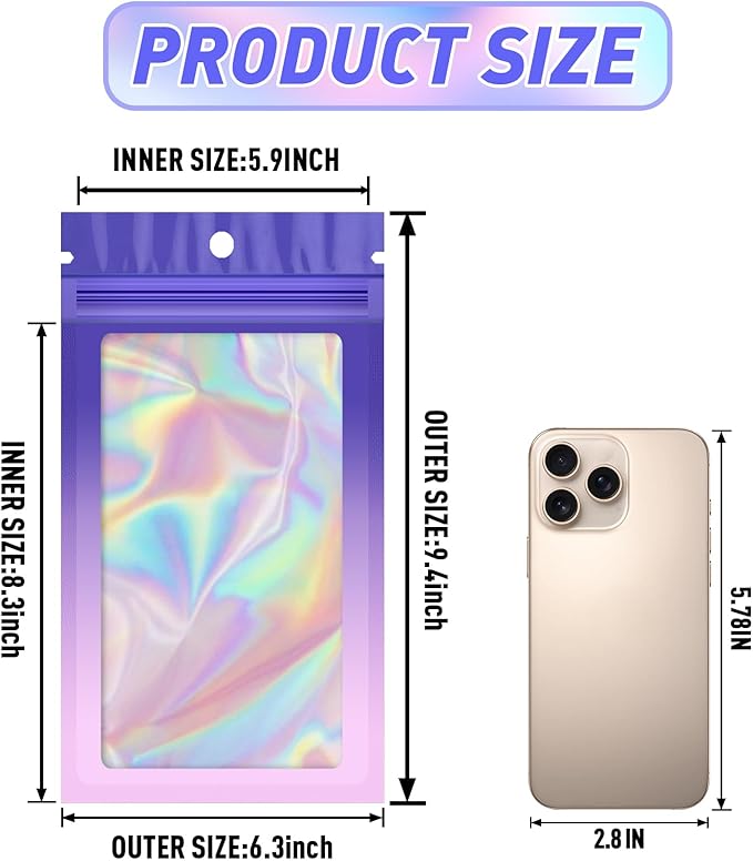 Funfery 100 Pack Gradient Holographic Bags, Mylar Resealable Bags - Image 2