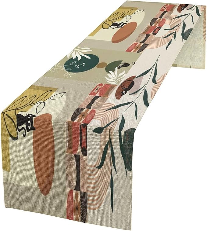 Mid Century Table Runner, Abstract Boho Plant Leaf Botanical Cat Modern by Kurtect