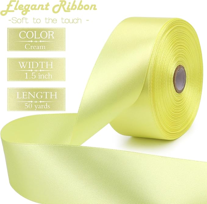 Cream Solid Satin Ribbon 1-1/2 Inch 50 Yards Solid Polyester Fabric Ribbon - Image 2