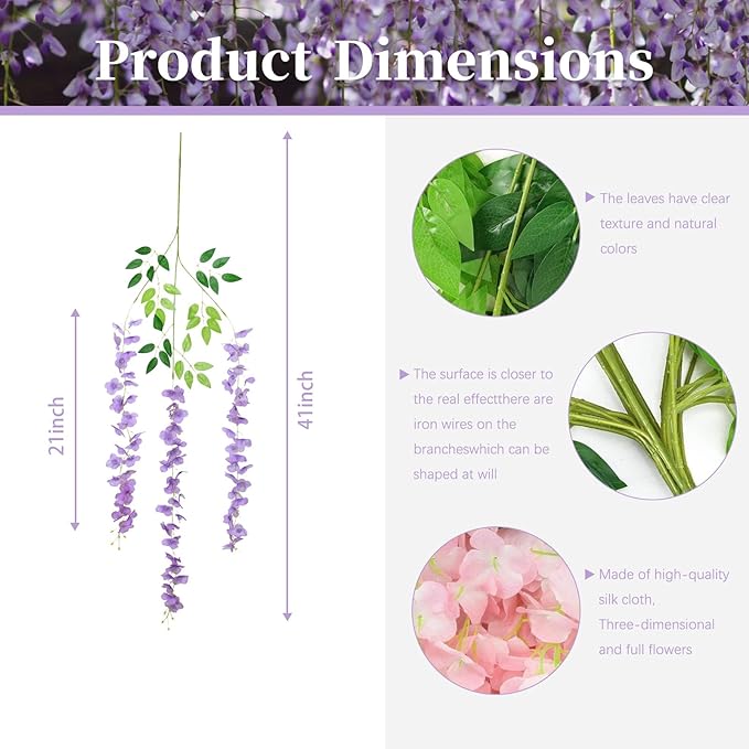36 Pack Light Purple Wisteria Hanging Flowers, 3.44 Ft Fake Hanging Flowers - Image 2