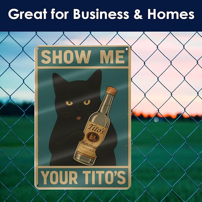 Funny Black Cat Bar Sign – “Show Me Your Tito's” Vintage Metal Wall Decor - Image 5