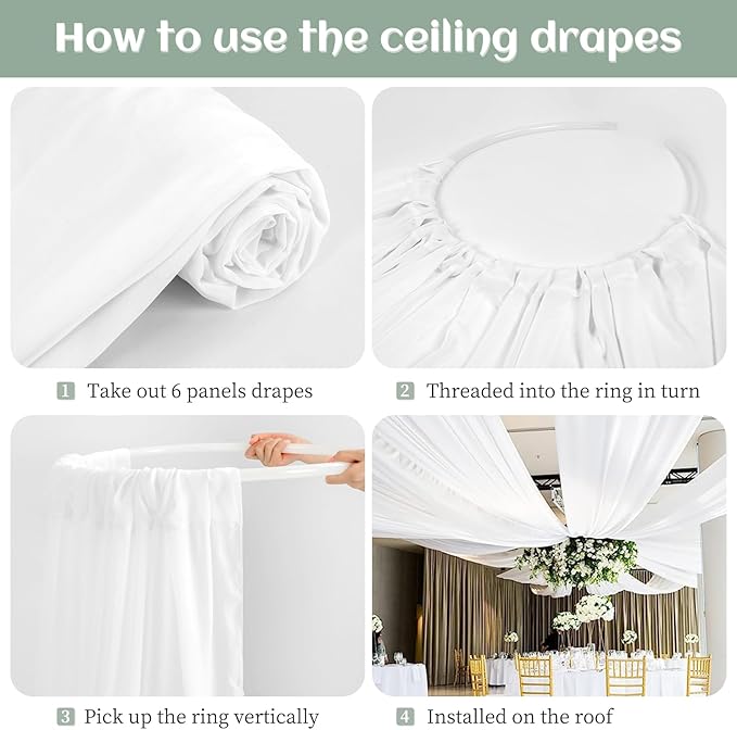 6 Panels White Ceiling Drapes 5ftx20ft Extra Long Wedding Ceiling Drapes - Image 4