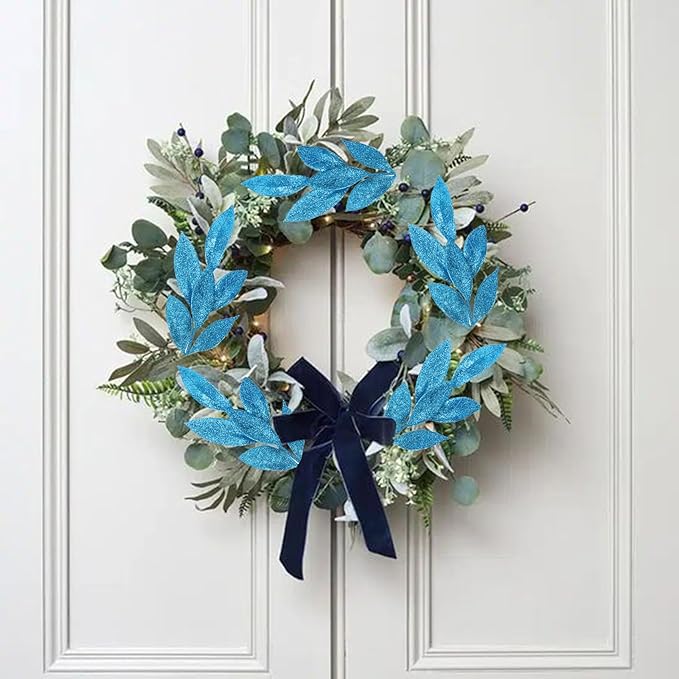 GREENTIME 12 Pack Artificial Blue Glitter Leaves 13" Fake Christmas Picks - Image 5
