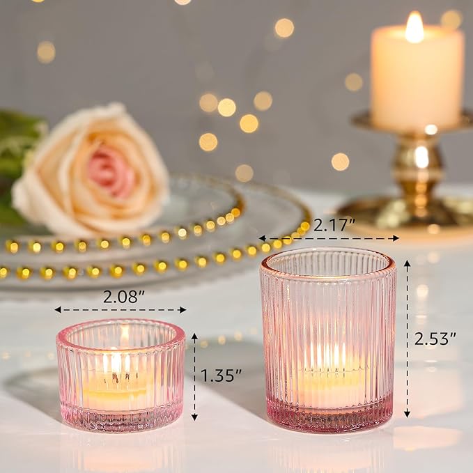 24 Pcs Glass Votive Candle Holders – Assorted Ribbed Pink Tea Light Holders Bulk - Image 2
