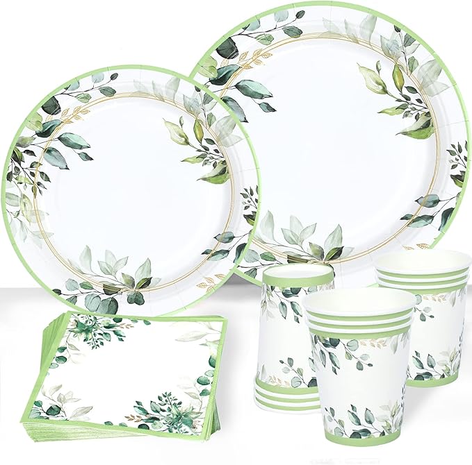 Green Party Plates Supplies, Sage Green Paper Eucalyptus Leaf Plates and Napkins - Image 7