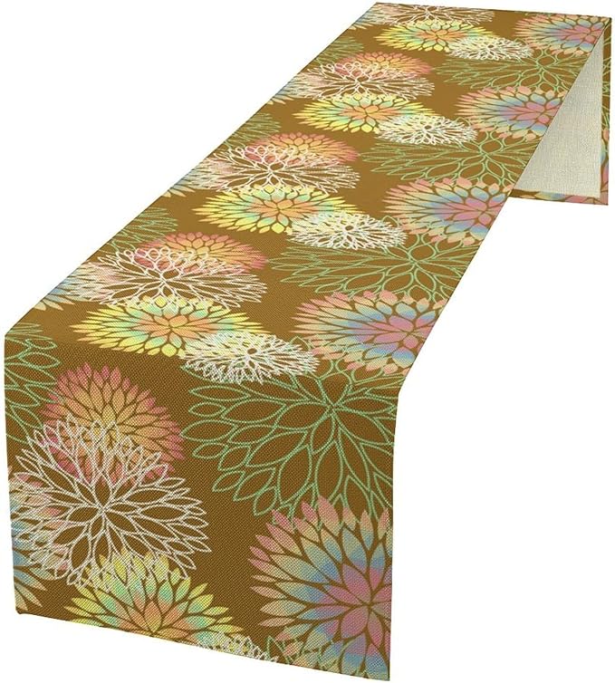 Brown Grey Dahlia Flower Table Runner, Linen Geometric Pattern Floral Table - Image 2
