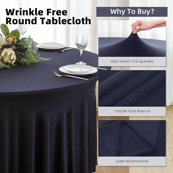 6 Pack Navy Blue Round Spandex Tablecloth 60 Inch, Wrinkle Free Stretch 120 - Image 4
