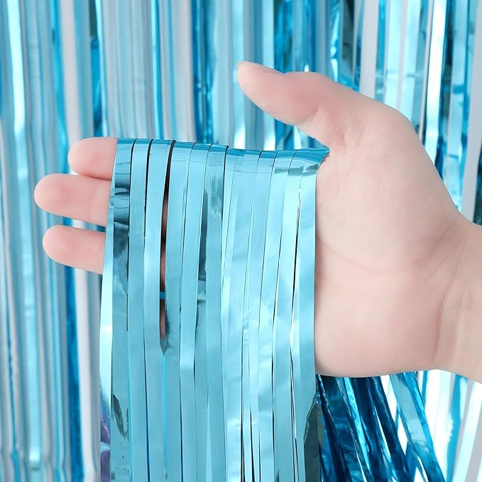 2 Pack 3.3x8.2 Feet Light Blue Foil Fringe Backdrop Curtains, Tinsel Streamers - Image 2
