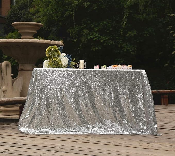 SquarePie Sequin Tablecloth 50 x 72 Inch Silver Sparkly Table Cloth - Image 5