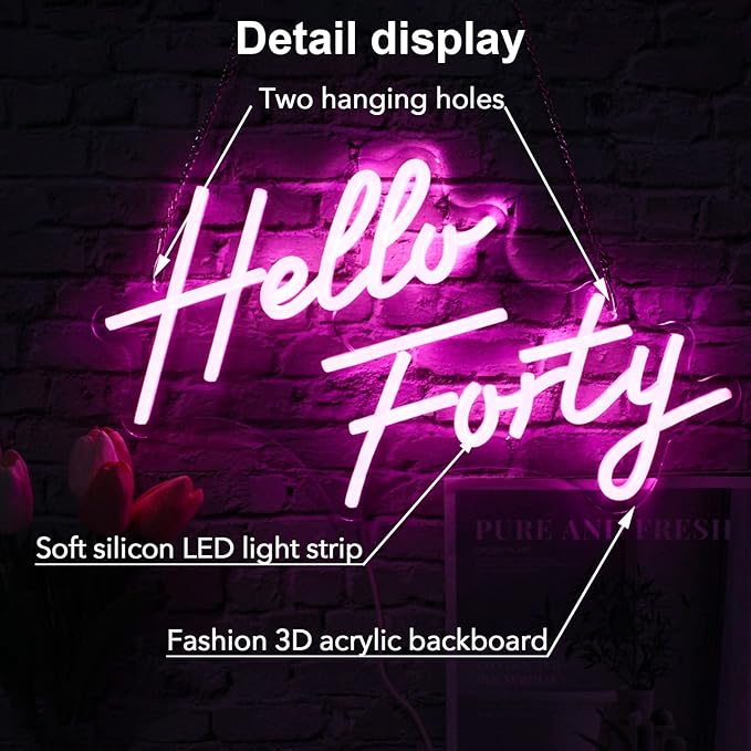 Hello Forty Neon Sign 40th Birthday Dimmable Neon Sign Pink Letters Neon Lights - Image 3