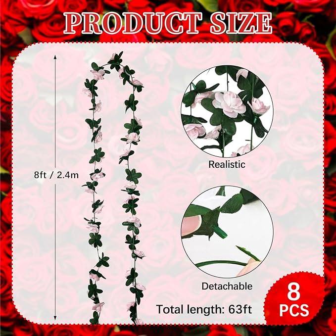 8Pcs 63Ft Light Pink Rose Garland, Fake Rose Hanging Flowers, Artificial Flower - Image 2