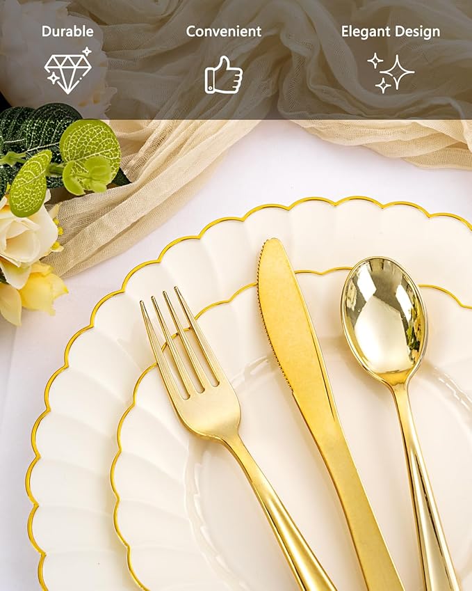 YOUBET 350PCS Ivory Scalloped Plastic Plates - Image 3