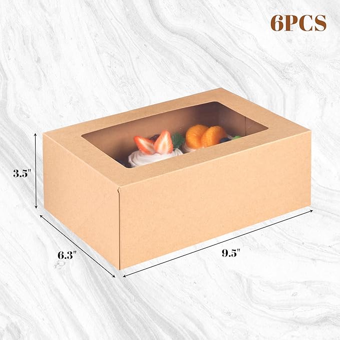 HANSGO 6 PCS Cupcake Boxes, 9.5x6.3x3.5 Inch Cupcake Containers Brown Pastry - Image 2