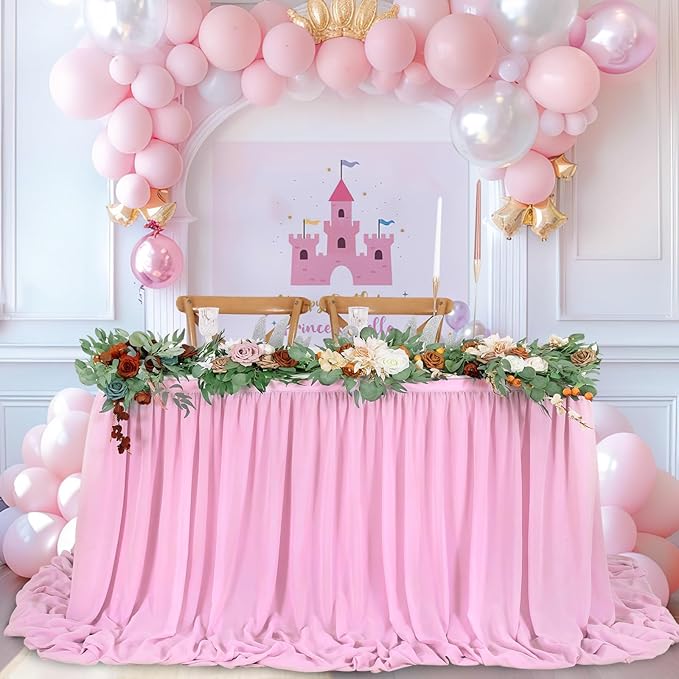 QueenDream Pink Sheer Table Skirts 14ft Chiffon Tablecloth - Image 5