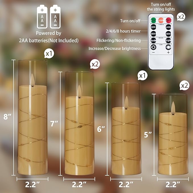 Gold Flameless Candles with Remote and String Light, 2.2"x 5" - Image 3