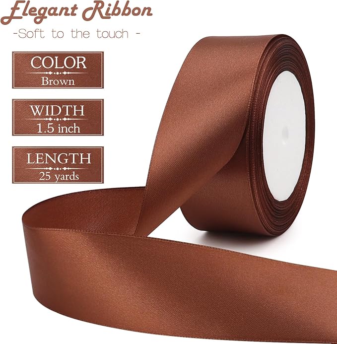 Brown Solid Satin Ribbon 1-1/2 Inch 25 Yards Solid Polyester Fabric Ribbon - Image 2
